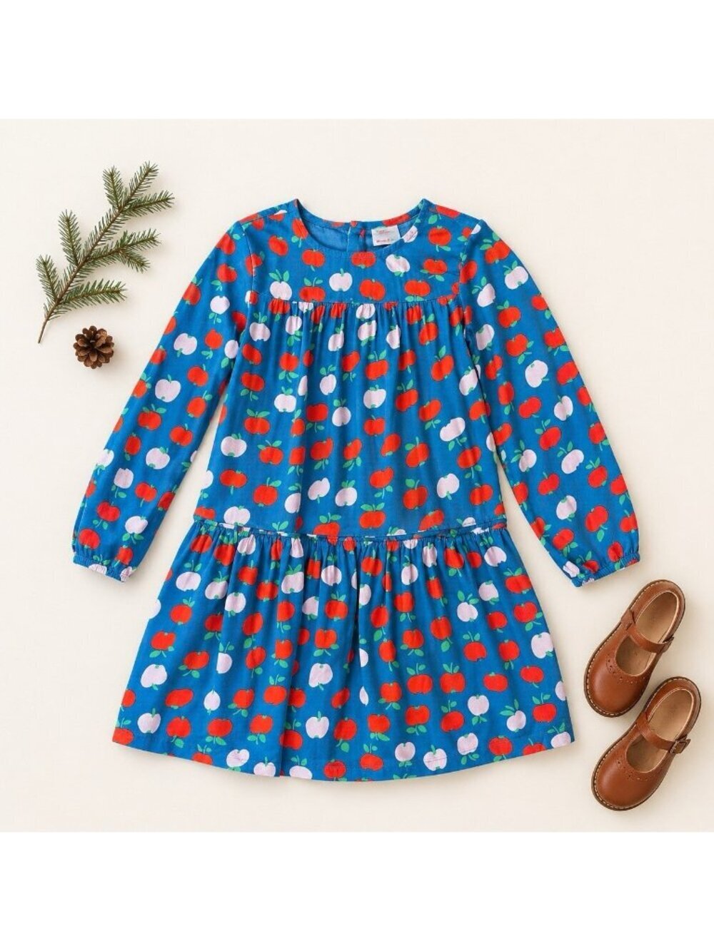 Hanna Andersson Girls Dress Sz 8 130 Blue Red Pink Apple Print Long Sleeve